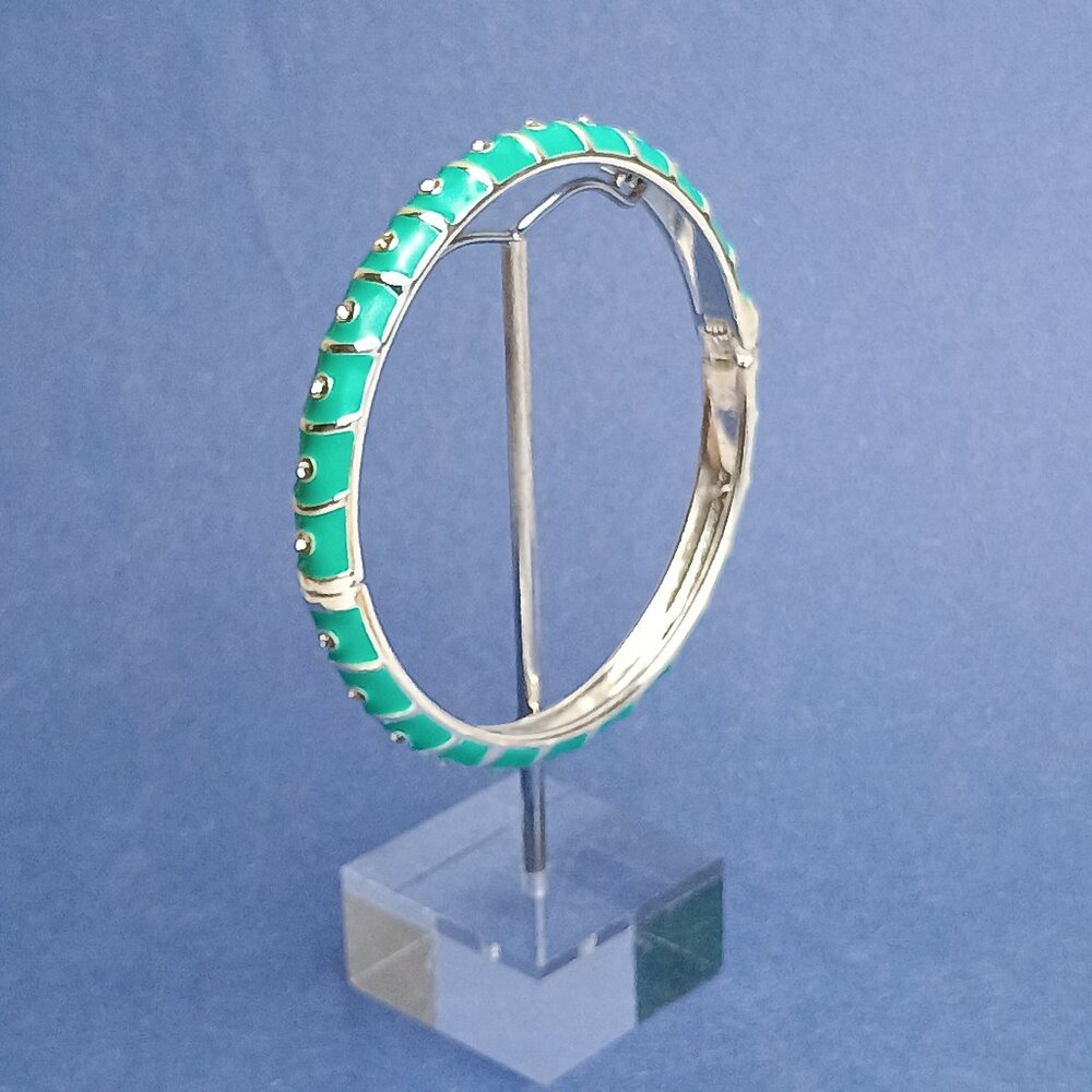 Turquoise Silver Tone Rhinestone Enamel Hinge Bangle Skinny Bracelet Clamper Csl